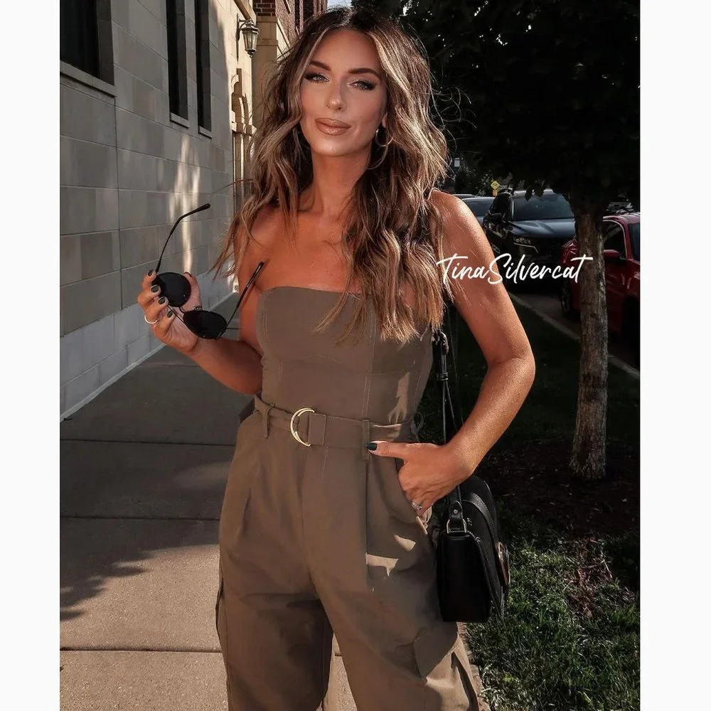 BLOGGER'S FAVE! Zara Belted Strapless Jumpsuit Sz XS, S Khaki NWT